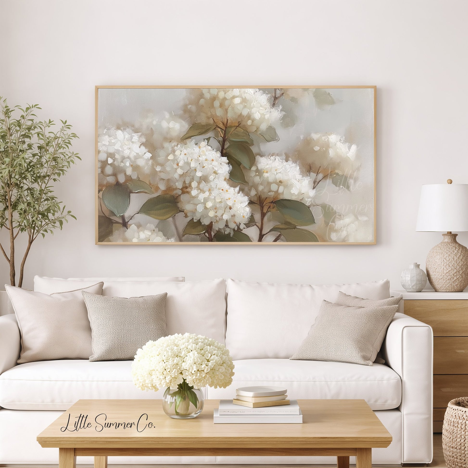 White Hydrangea Blooms Frame TV Art displayed on a TV