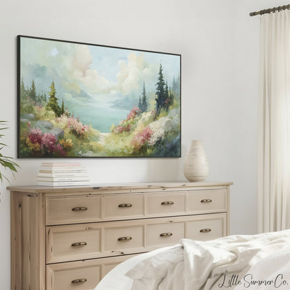 Misty Lake Frame TV Art displayed on a TV