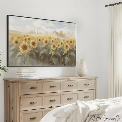 Sunflower Field Cottage Frame TV Art displayed on a TV