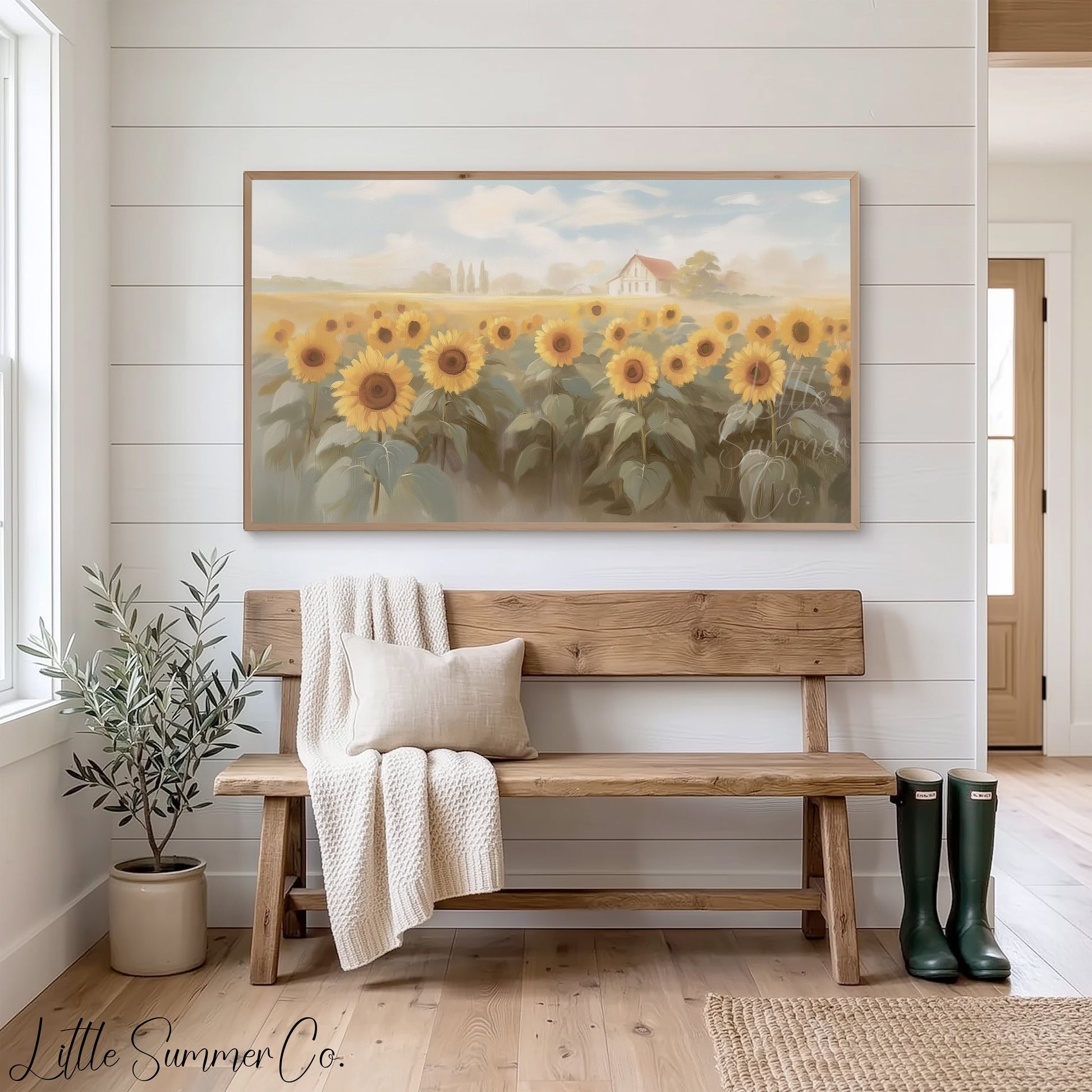 Sunflower Field Cottage Frame TV Art displayed on a TV