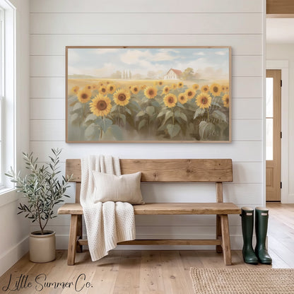 Sunflower Field Cottage Frame TV Art displayed on a TV