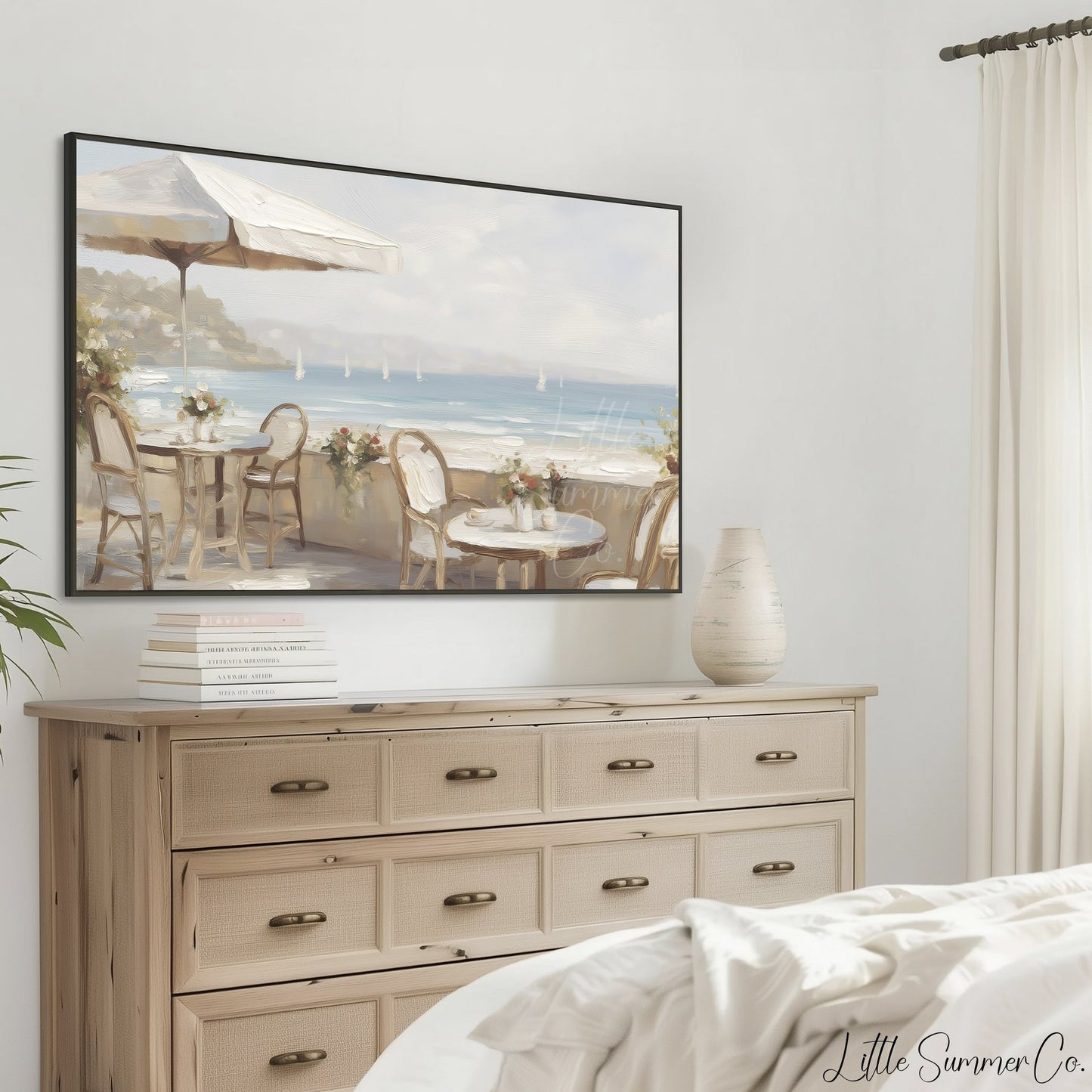Seaside Cafe View Frame TV Art displayed on a TV
