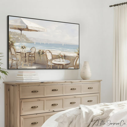 Seaside Cafe View Frame TV Art displayed on a TV