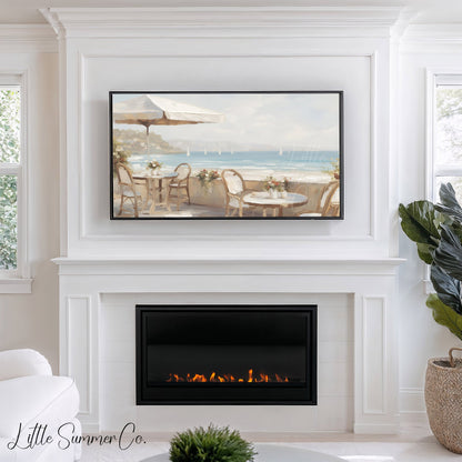 Seaside Cafe View Frame TV Art displayed on a TV