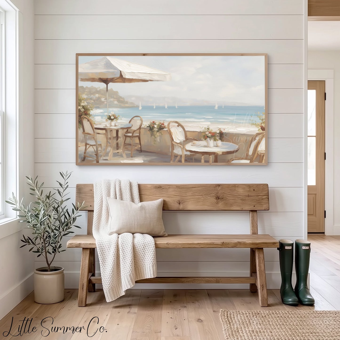 Seaside Cafe View Frame TV Art displayed on a TV