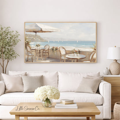 Seaside Cafe View Frame TV Art displayed on a TV