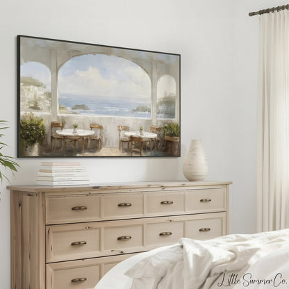 Seaside Terrace View Frame TV Art displayed on a TV