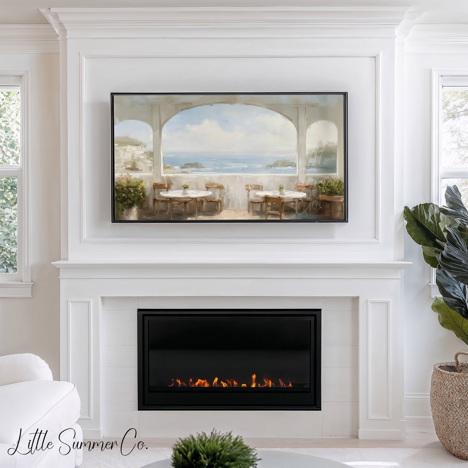 Seaside Terrace View Frame TV Art displayed on a TV