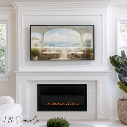 Seaside Terrace View Frame TV Art displayed on a TV