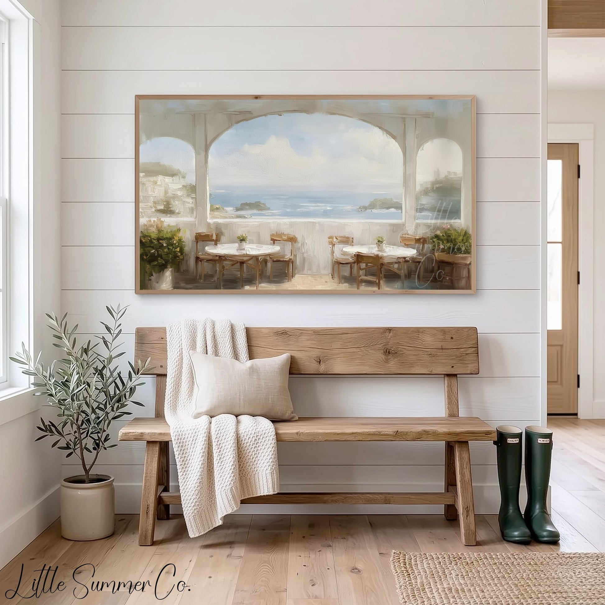 Seaside Terrace View Frame TV Art displayed on a TV