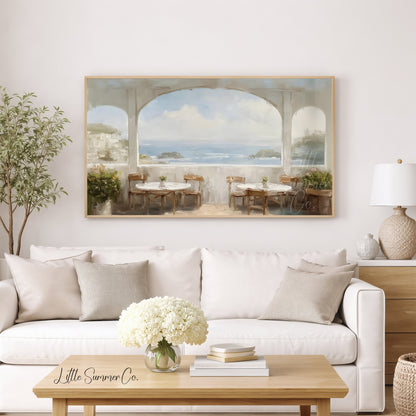 Seaside Terrace View Frame TV Art displayed on a TV