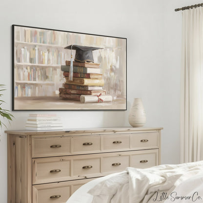 Graduation Cap Books Frame TV Art displayed on a TV