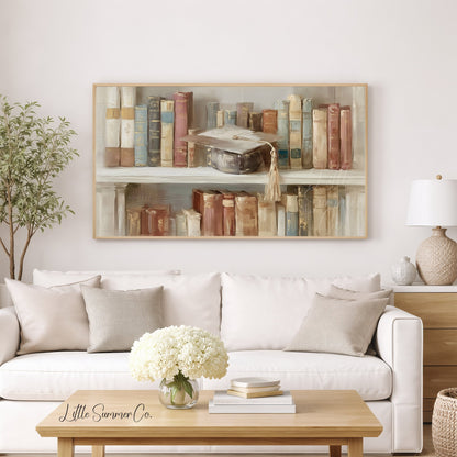 Graduation Bookshelf Frame TV Art displayed on a TV