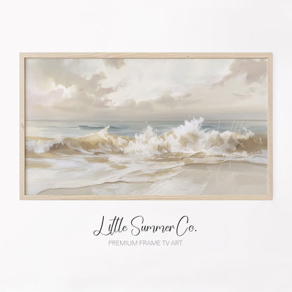 Pale Coastal Ocean Wave Shore Frame TV Art displayed on a TV
