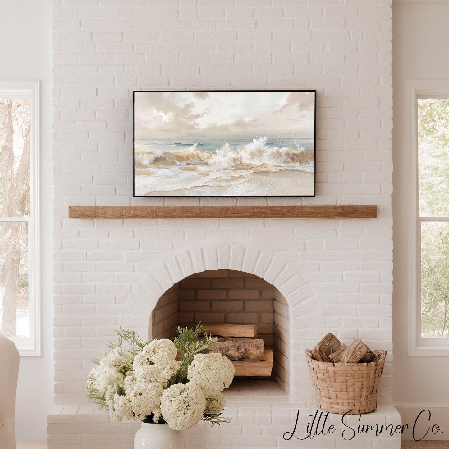 Pale Coastal Ocean Wave Shore Frame TV Art displayed on a TV