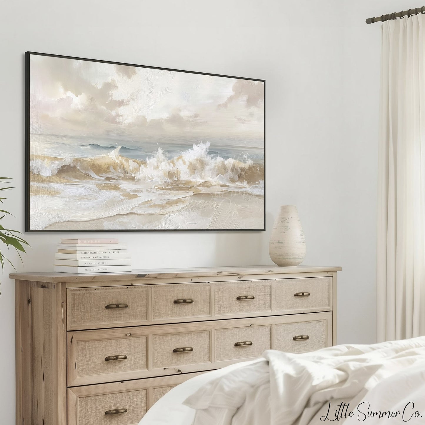 Pale Coastal Ocean Wave Shore Frame TV Art displayed on a TV