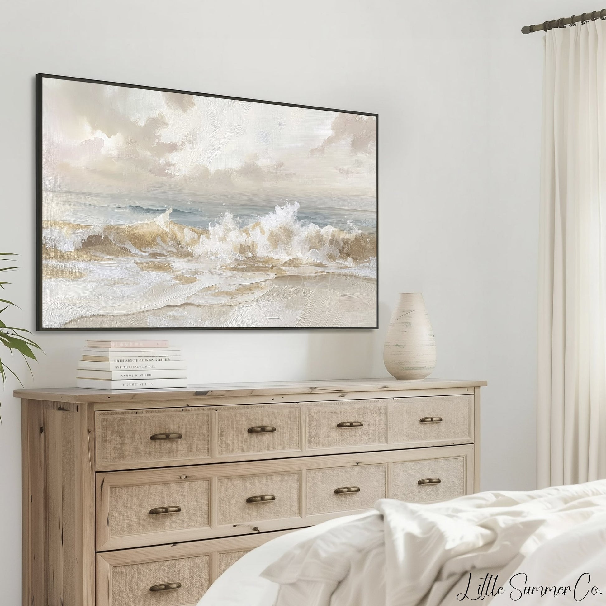 Pale Coastal Ocean Wave Shore Frame TV Art displayed on a TV
