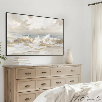 Pale Coastal Ocean Wave Shore Frame TV Art displayed on a TV
