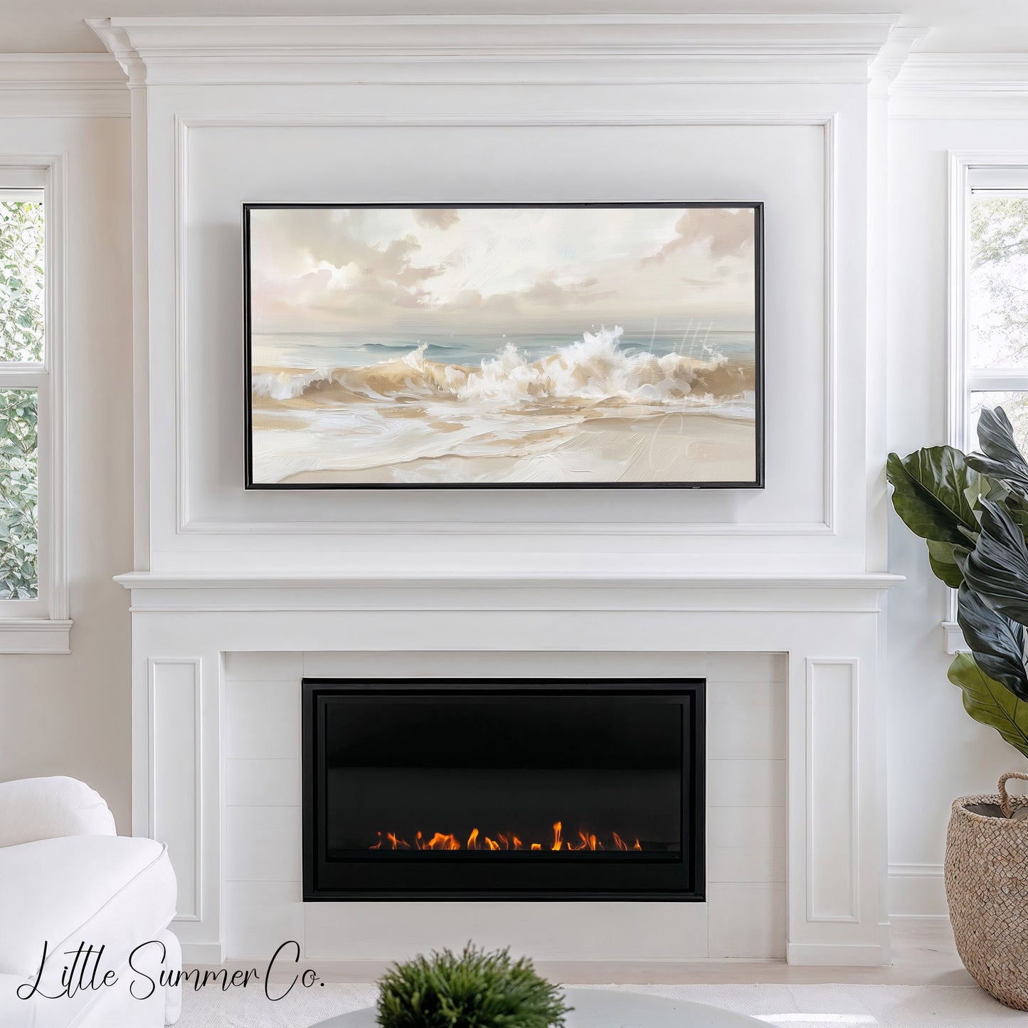 Pale Coastal Ocean Wave Shore Frame TV Art displayed on a TV
