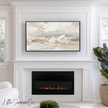 Pale Coastal Ocean Wave Shore Frame TV Art displayed on a TV