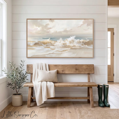 Pale Coastal Ocean Wave Shore Frame TV Art displayed on a TV