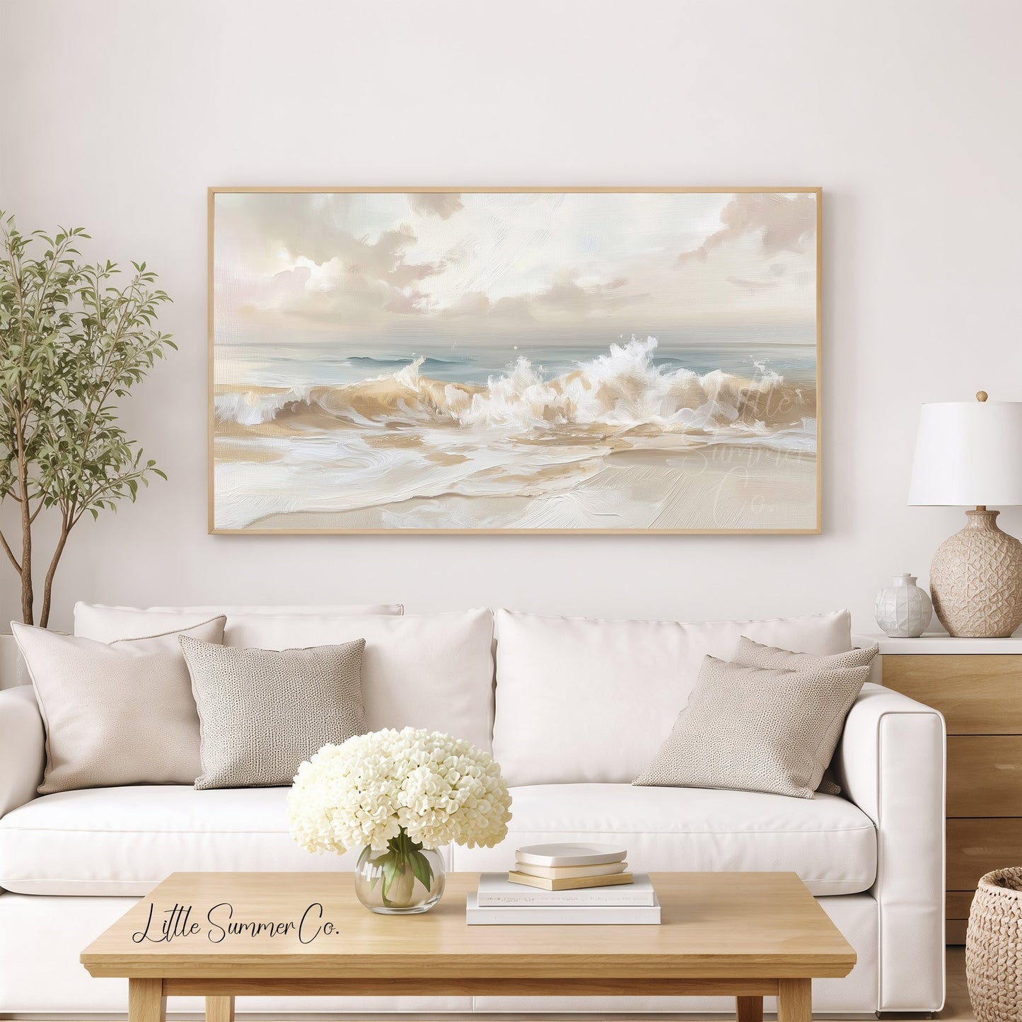 Pale Coastal Ocean Wave Shore Frame TV Art displayed on a TV