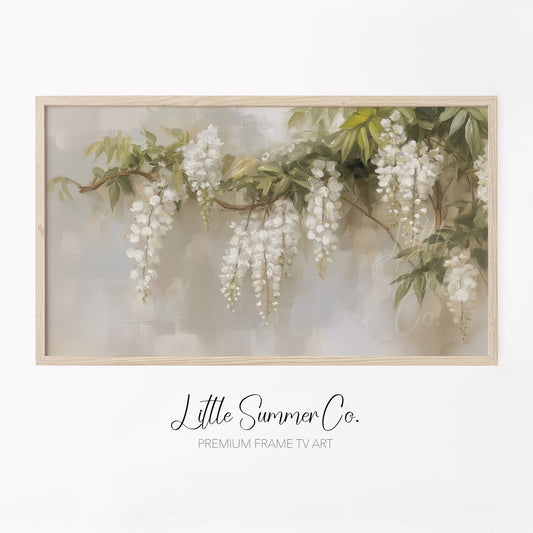 White Wisteria Branch Frame TV Art displayed on a TV