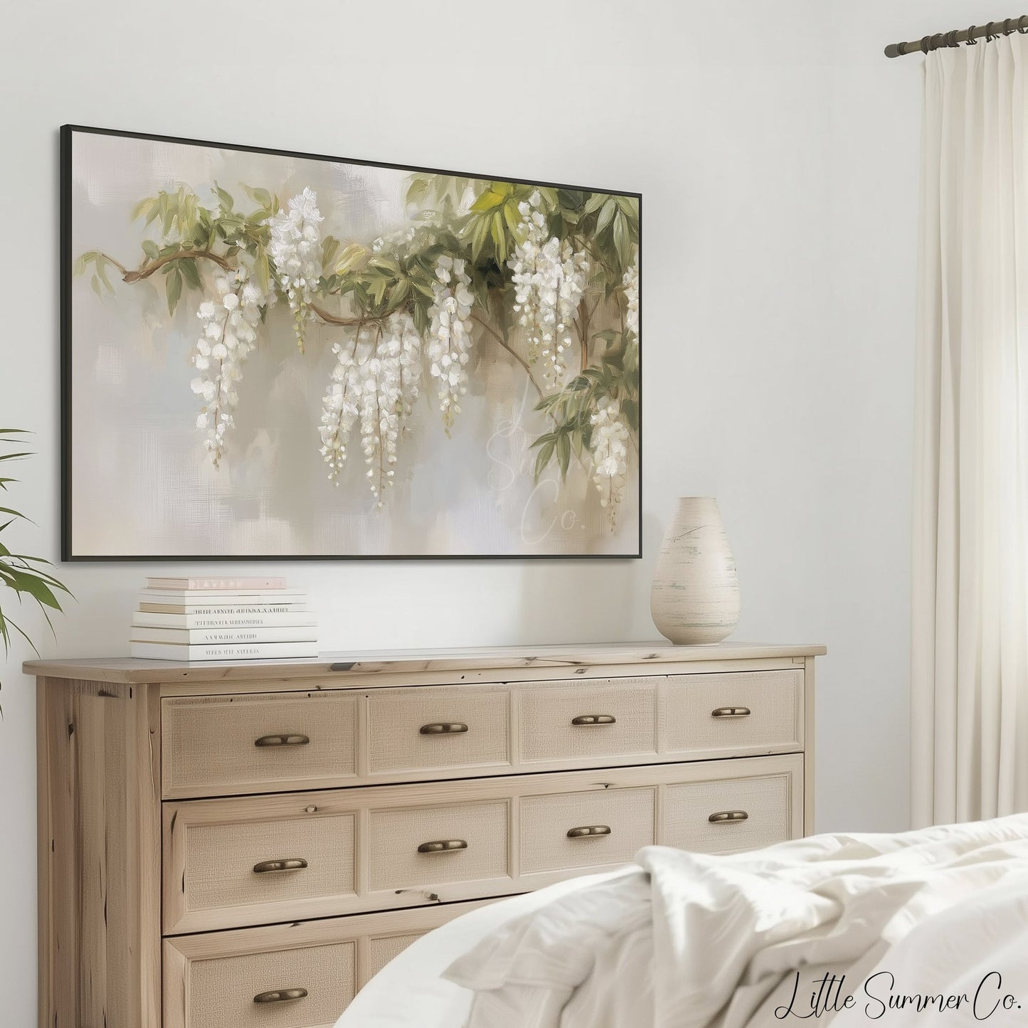 White Wisteria Branch Frame TV Art displayed on a TV