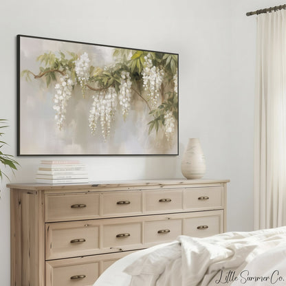 White Wisteria Branch Frame TV Art displayed on a TV