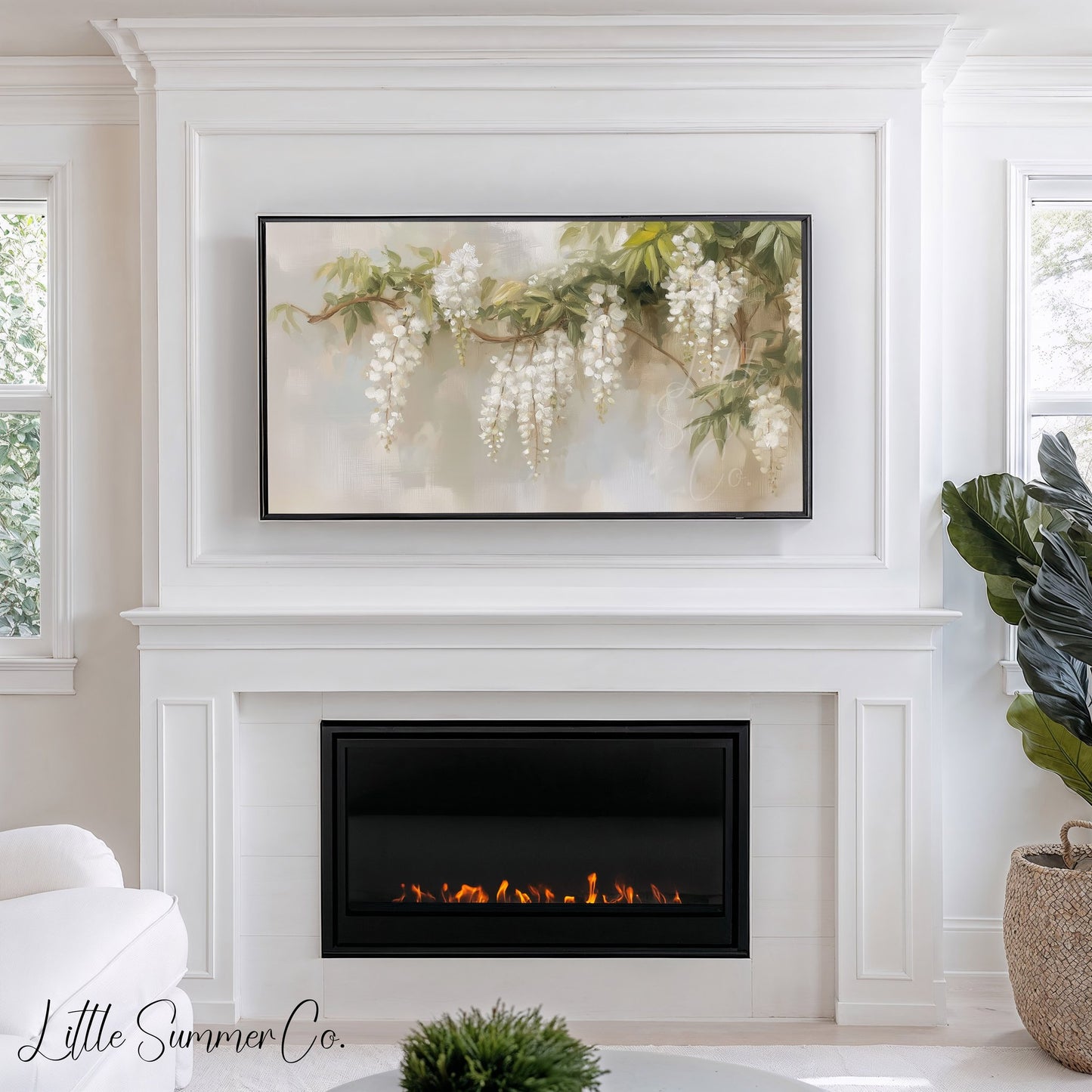White Wisteria Branch Frame TV Art displayed on a TV