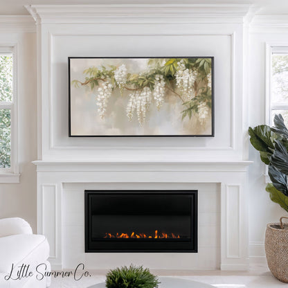 White Wisteria Branch Frame TV Art displayed on a TV