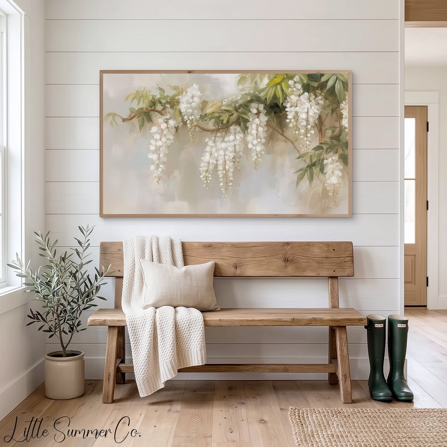 White Wisteria Branch Frame TV Art displayed on a TV