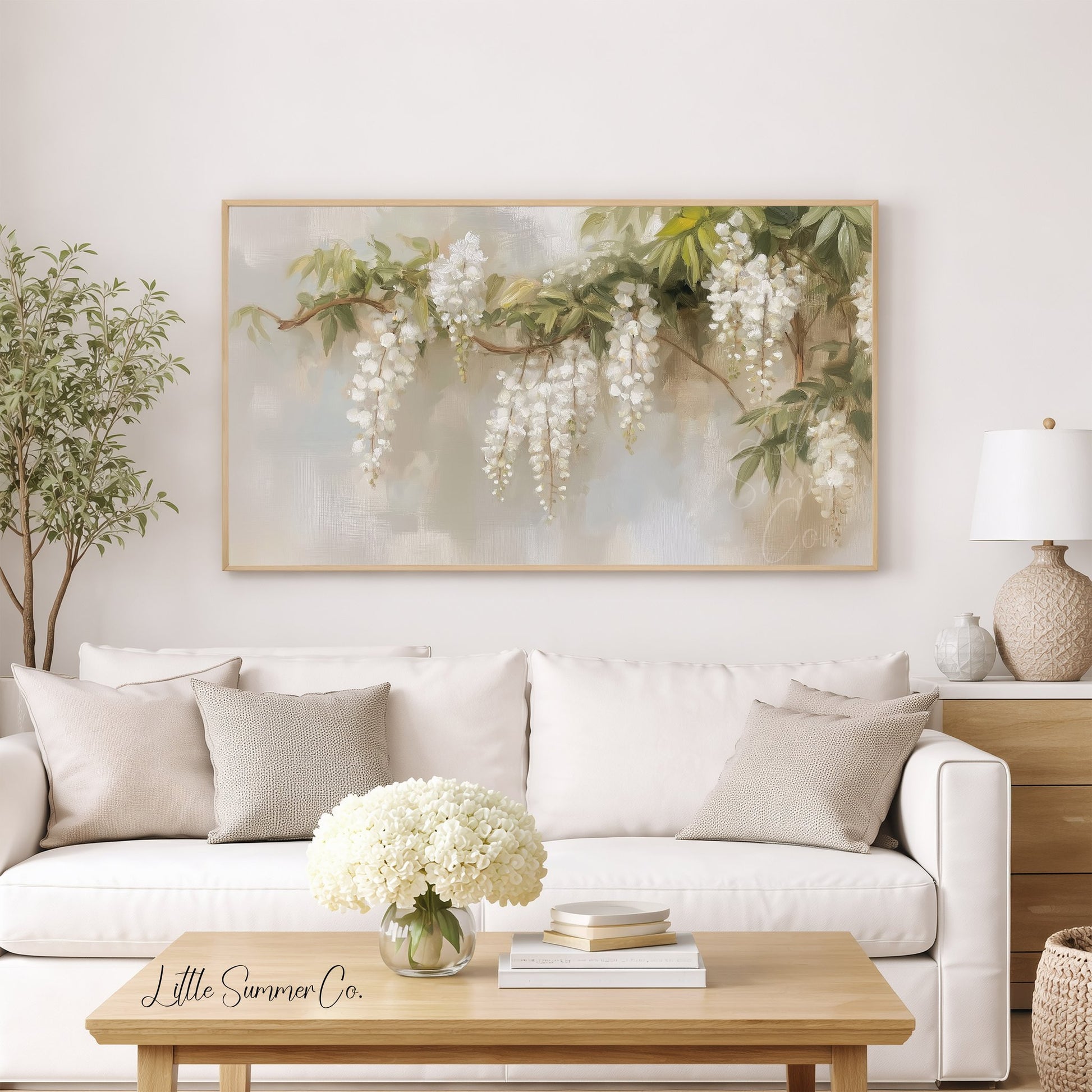 White Wisteria Branch Frame TV Art displayed on a TV