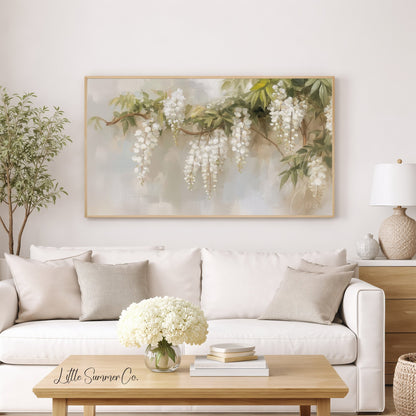 White Wisteria Branch Frame TV Art displayed on a TV