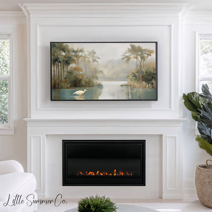 Egret Lagoon Frame TV Art displayed on a TV