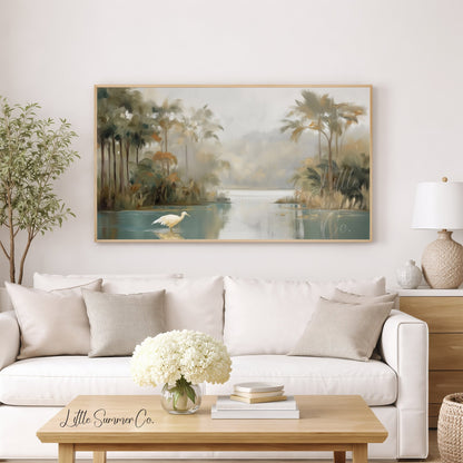 Egret Lagoon Frame TV Art displayed on a TV