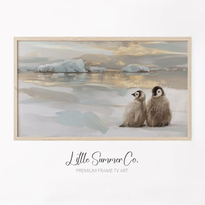 Penguin Chicks Ice Frame TV Art displayed on a TV