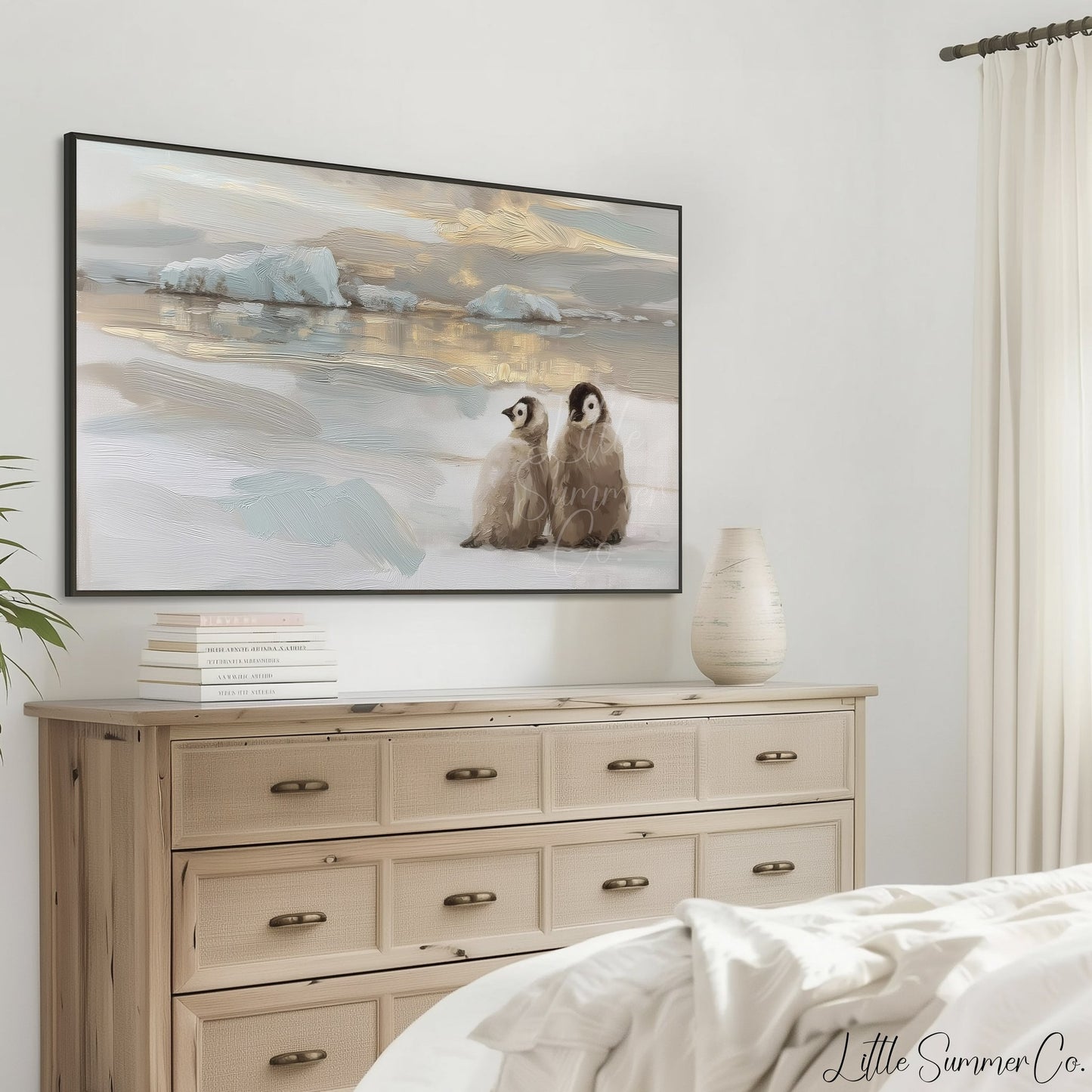 Penguin Chicks Ice Frame TV Art displayed on a TV