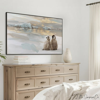Penguin Chicks Ice Frame TV Art displayed on a TV