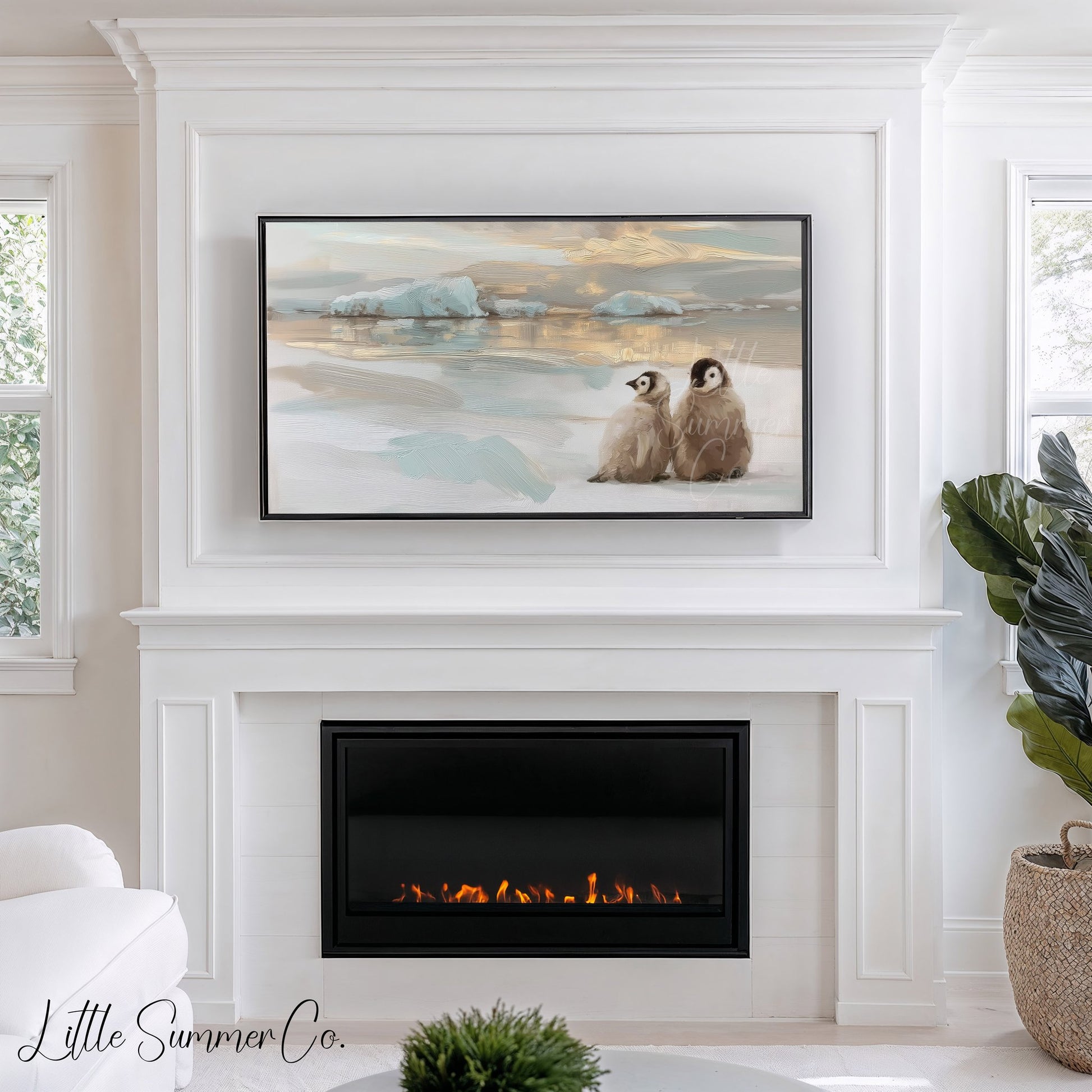 Penguin Chicks Ice Frame TV Art displayed on a TV