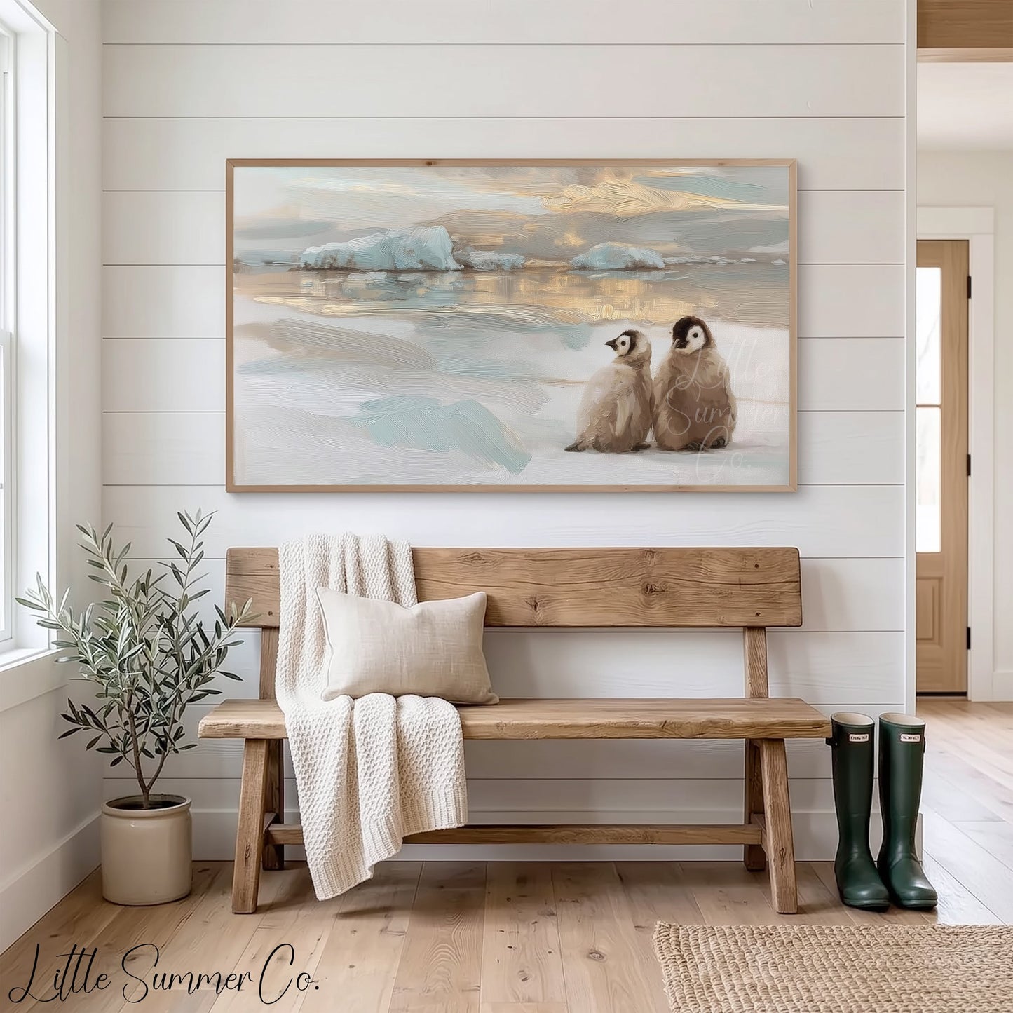 Penguin Chicks Ice Frame TV Art displayed on a TV