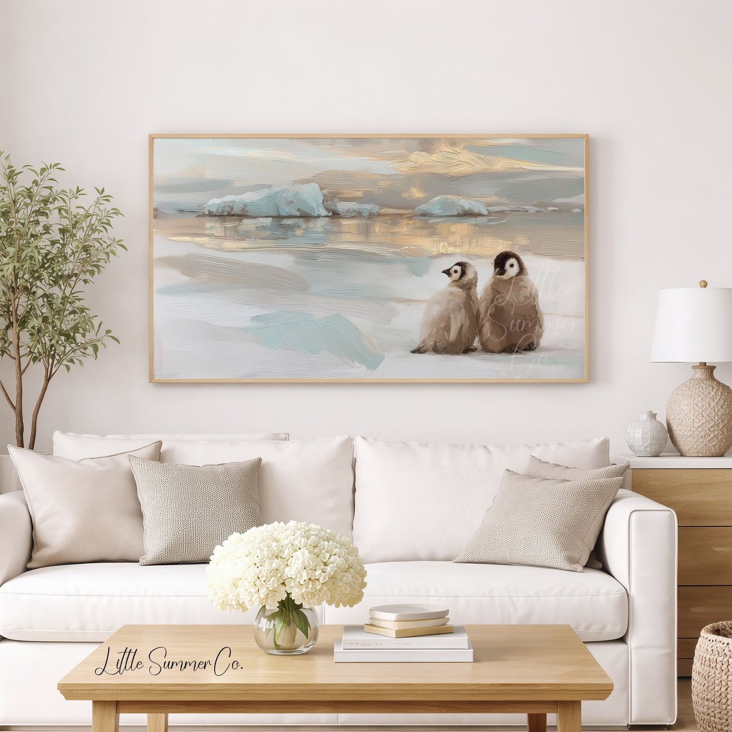 Penguin Chicks Ice Frame TV Art displayed on a TV