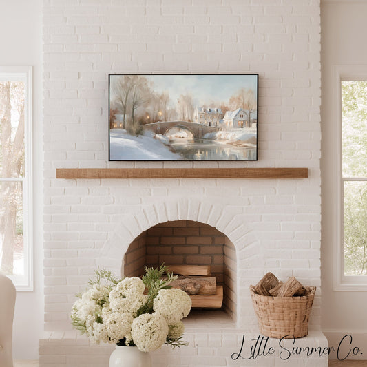 Snowy Village Bridge Frame TV Art displayed on a TV