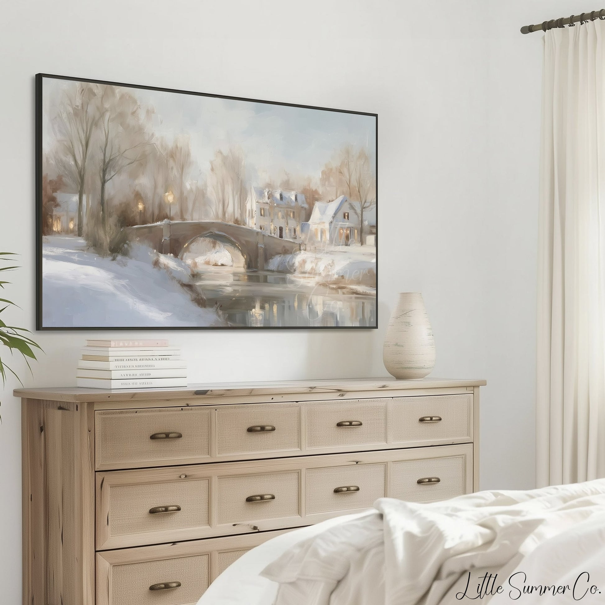 Snowy Village Bridge Frame TV Art displayed on a TV