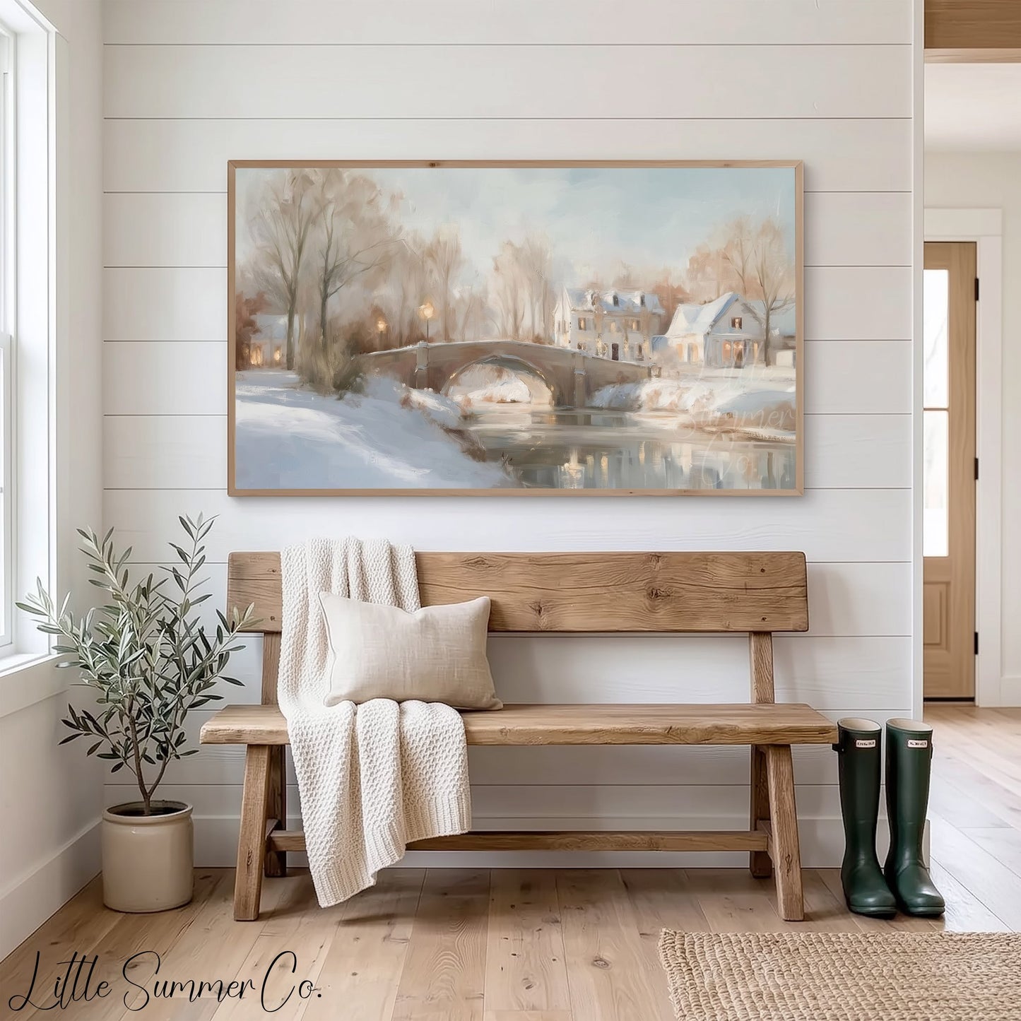 Snowy Village Bridge Frame TV Art displayed on a TV