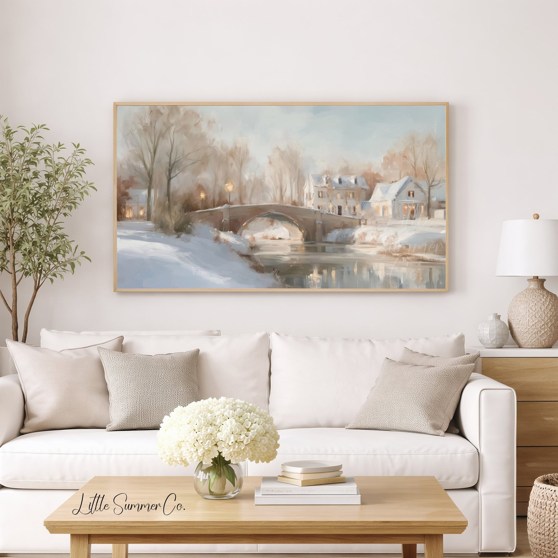 Snowy Village Bridge Frame TV Art displayed on a TV