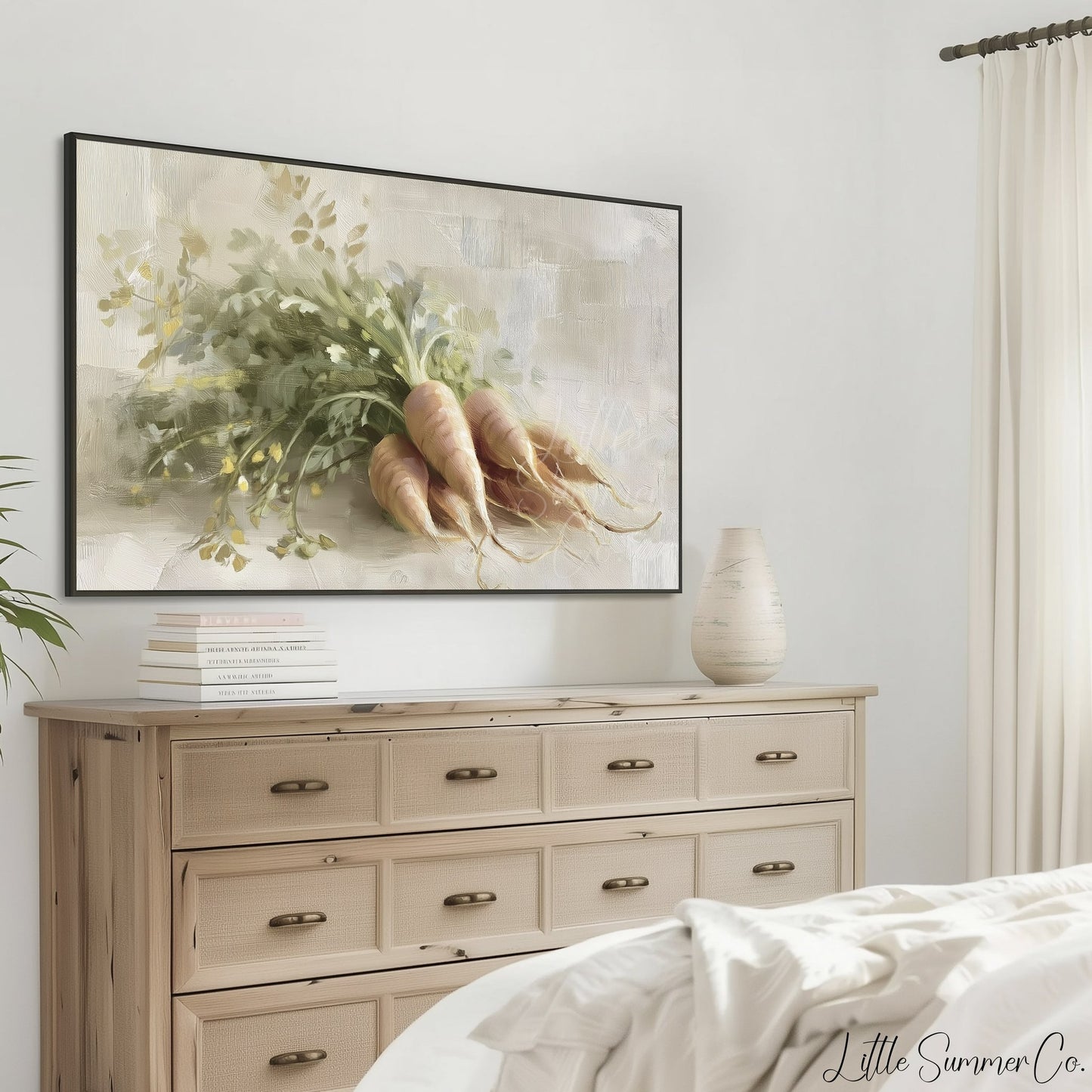 Golden Carrots With Garden Greens Frame TV Art displayed on a TV