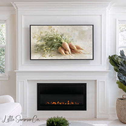 Golden Carrots With Garden Greens Frame TV Art displayed on a TV
