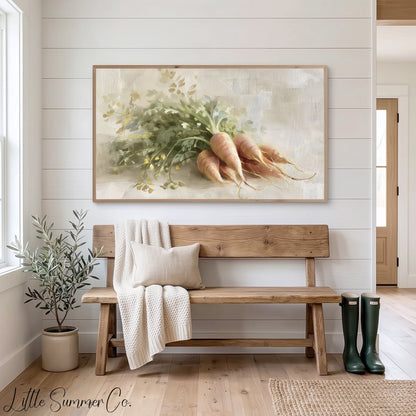 Golden Carrots With Garden Greens Frame TV Art displayed on a TV