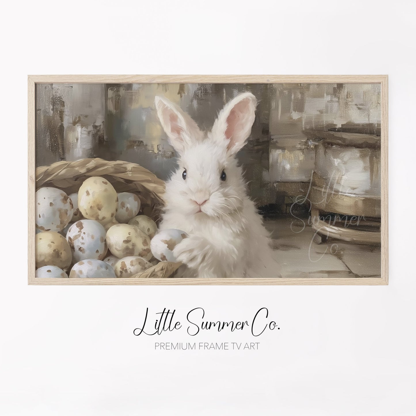 Bunny With Eggs Frame TV Art displayed on a TV